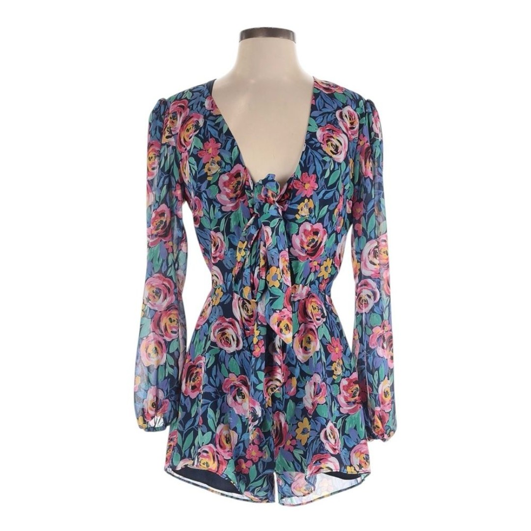 Lovers + Friends Romper S NWT Blue & Pink Rose Floral Puff Sheer Sleeves Cut Out