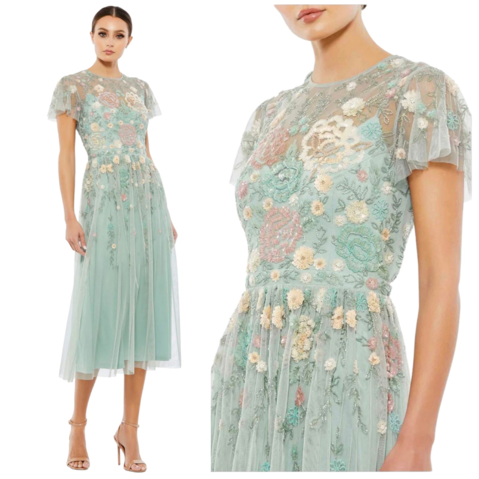 Mac Duggal 6 Seafoam Green 9134 Floral Midi Short Sleeve Sequin Beaded Dress New