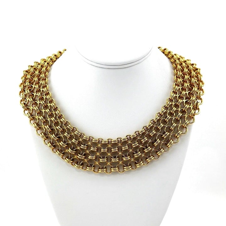 Vintage Monet Gold Tone Egyptian Revival Chainmail Chain Link Collar Necklace