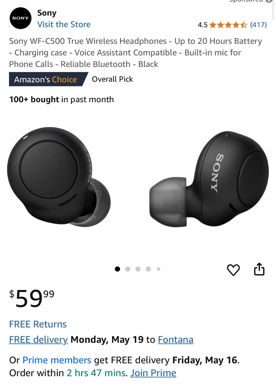 Sony Black Wireless Earbuds WF-C500