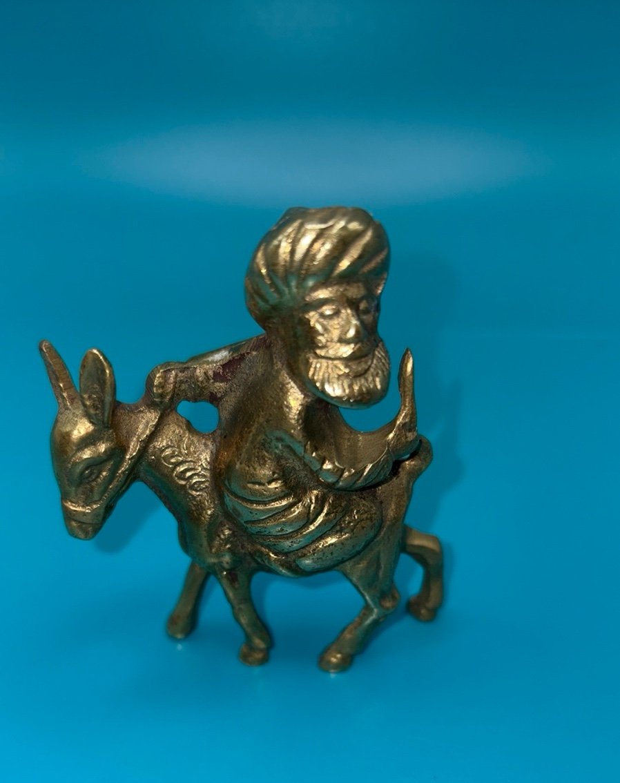 Vintage solid brass Nasreddin Hodja statue man backwards on donkey figurine