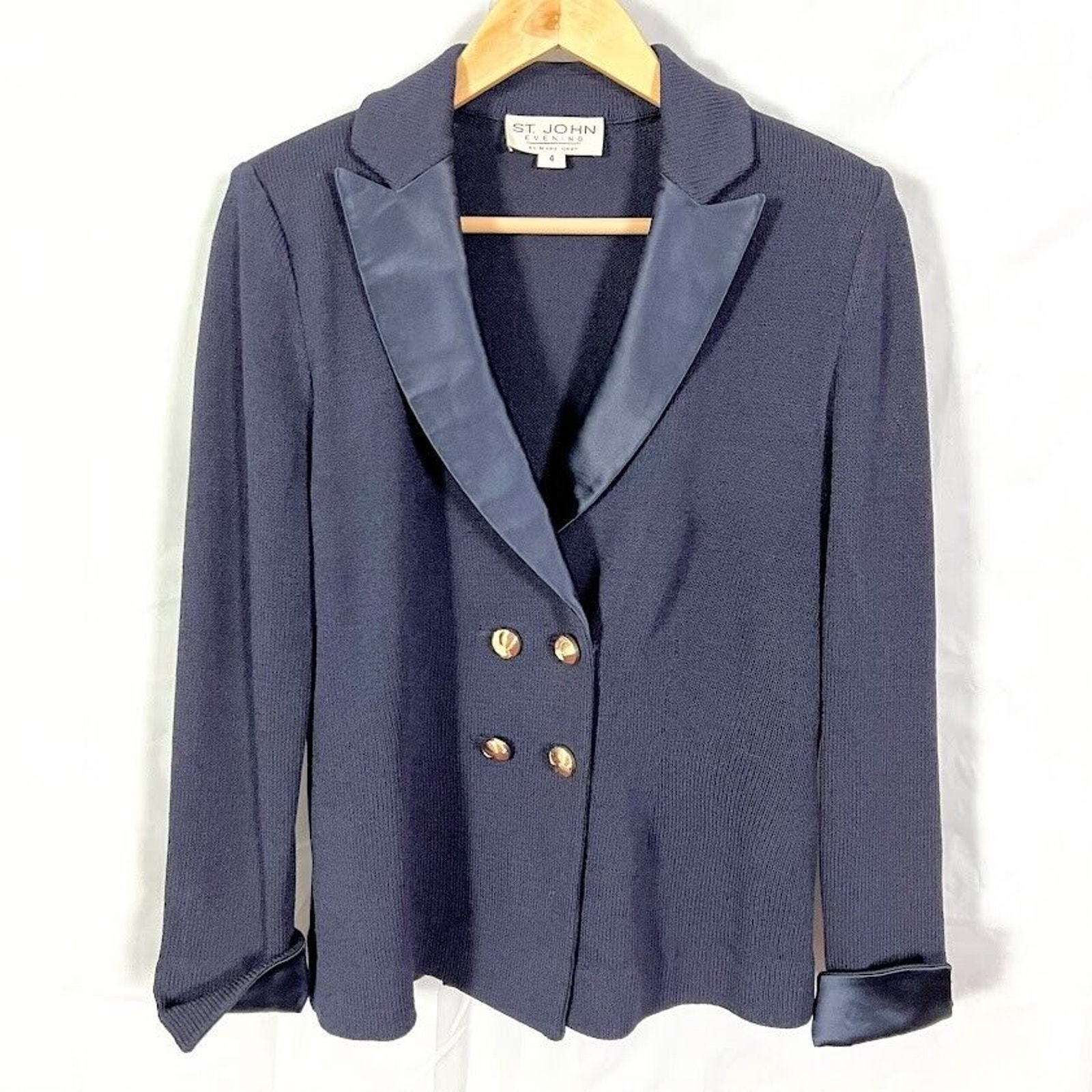 St. John Evening Double Breast Satin Peak Lapel Blazer Jacket Navy sz 4
