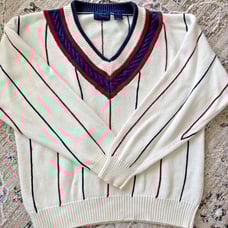 Cambridge Classics Mens Ivory Vintage V-Neck Sweater Size Medium Red Blue Stripe