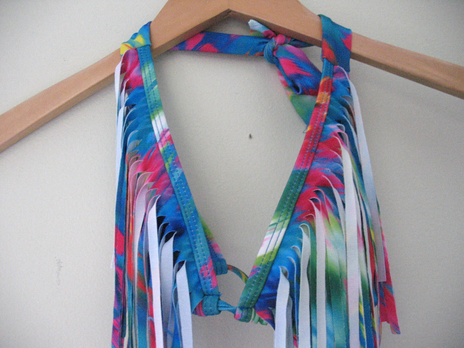 NWT GUESS Los Angeles Sexy Watercolor Fringe Bikini Swim Halter Top S 85