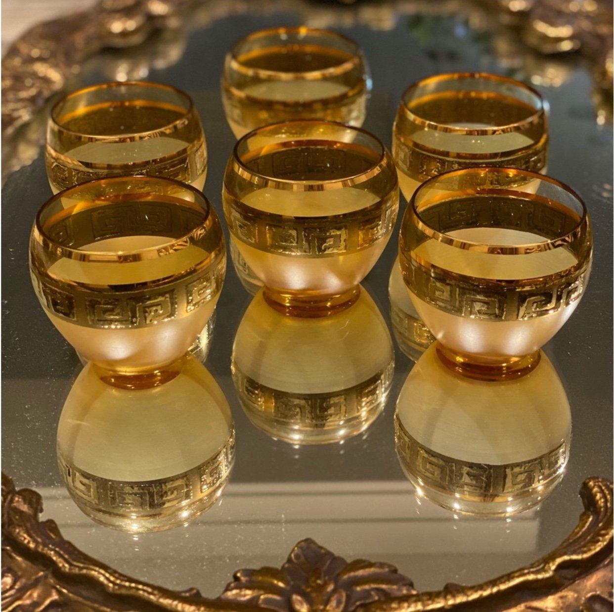 MCM Set of 6 Frosted Amber With Gold Greek Key Accent Roly Poly Bar Glasses RARE