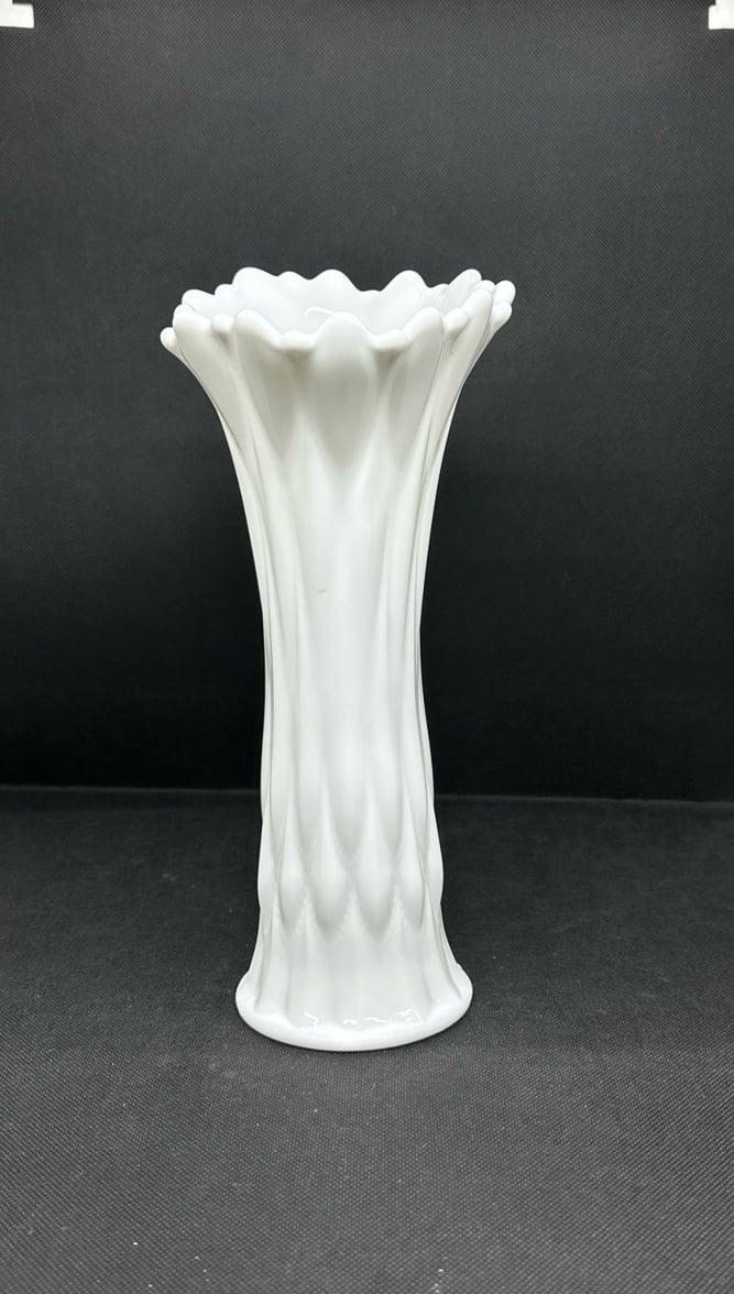 Fostoria Frisco White Milk Glass Swung Vase MCM 10”