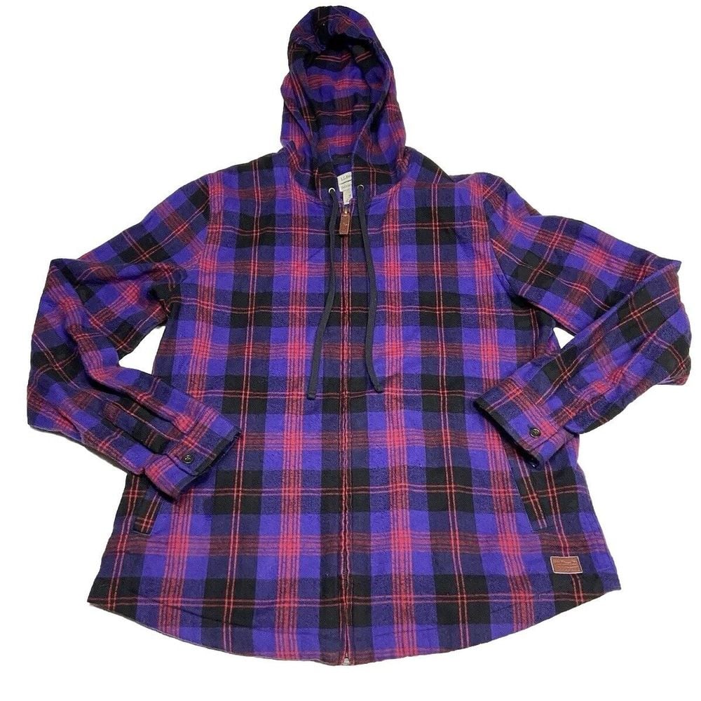 LL Bean Womens Medium Relaxed Plaid Flannel Full Zip Hooded Shacket Scotch Plaid