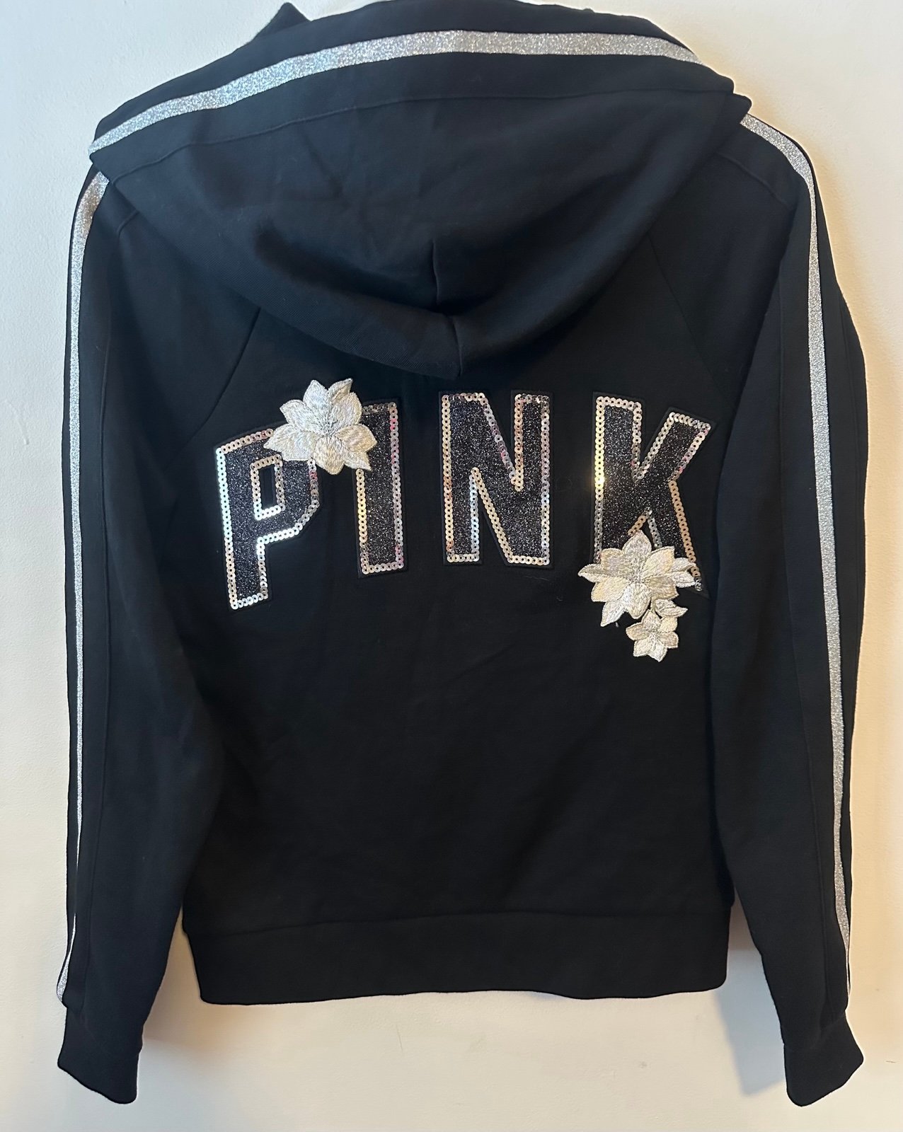 VS Pink Black Sequin Bling Floral Hoodie S