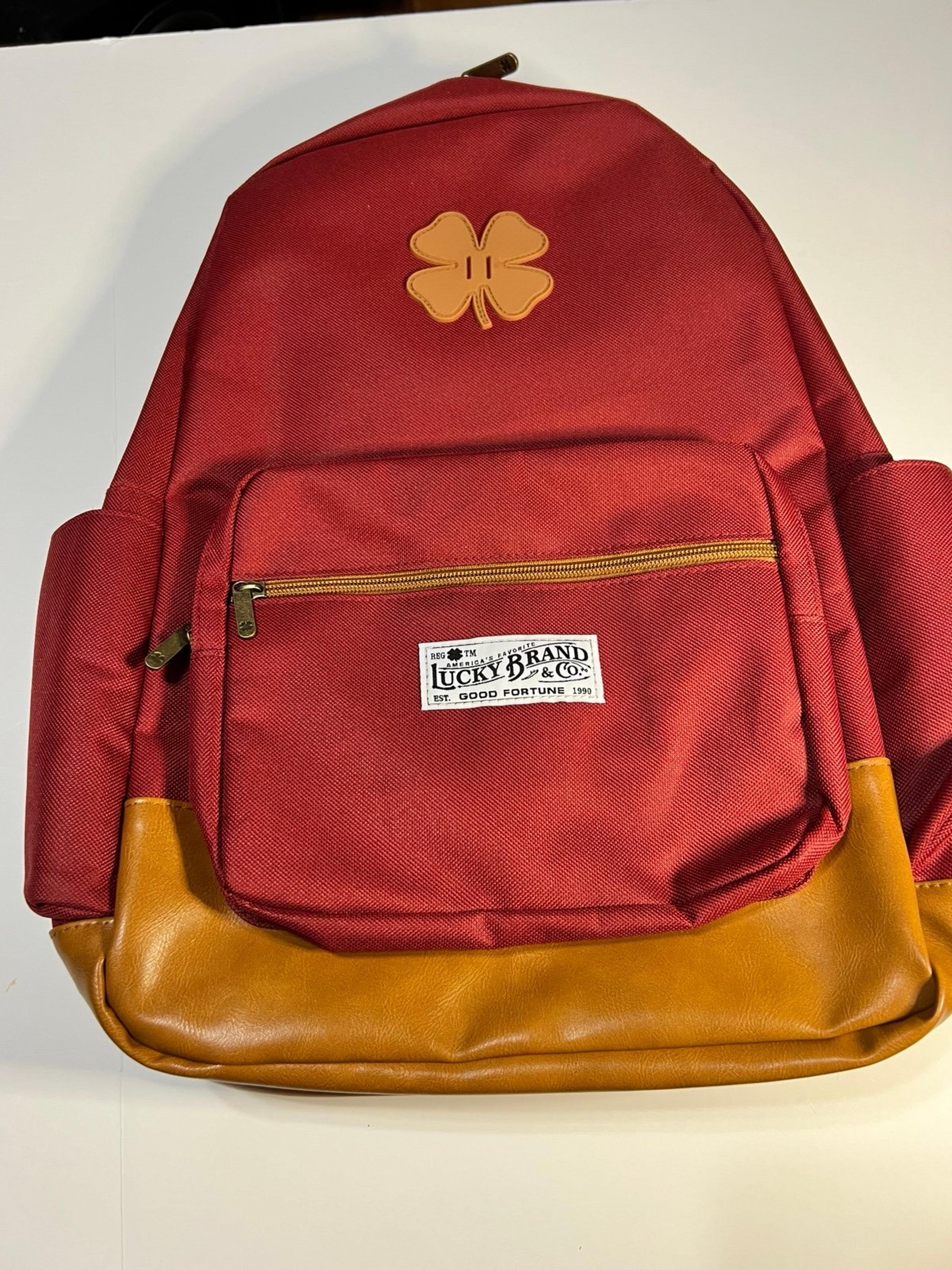 NEW Lucky Brand Backpack Red Canvas Brown Leather Brand NWT Day Pack