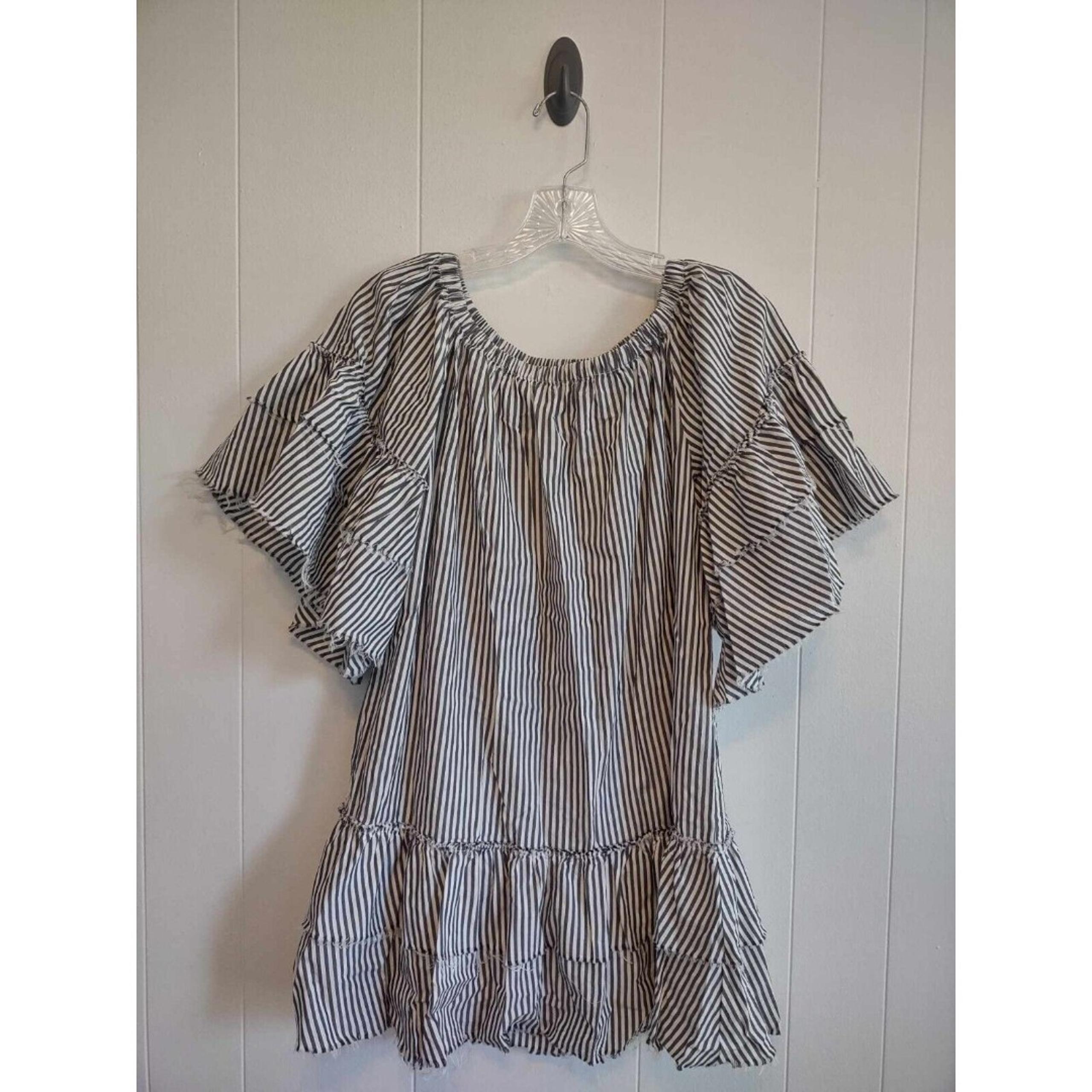 Zara | Women's Striped Bell Sleeve Off The Shoulder Mini Dress Raw Hem Size M/L