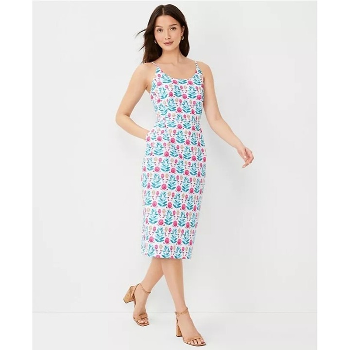 New Ann Taylor Blue Pink Floral Sheath Dress Sz 2 Spaghetti Strap Pocket Cotton