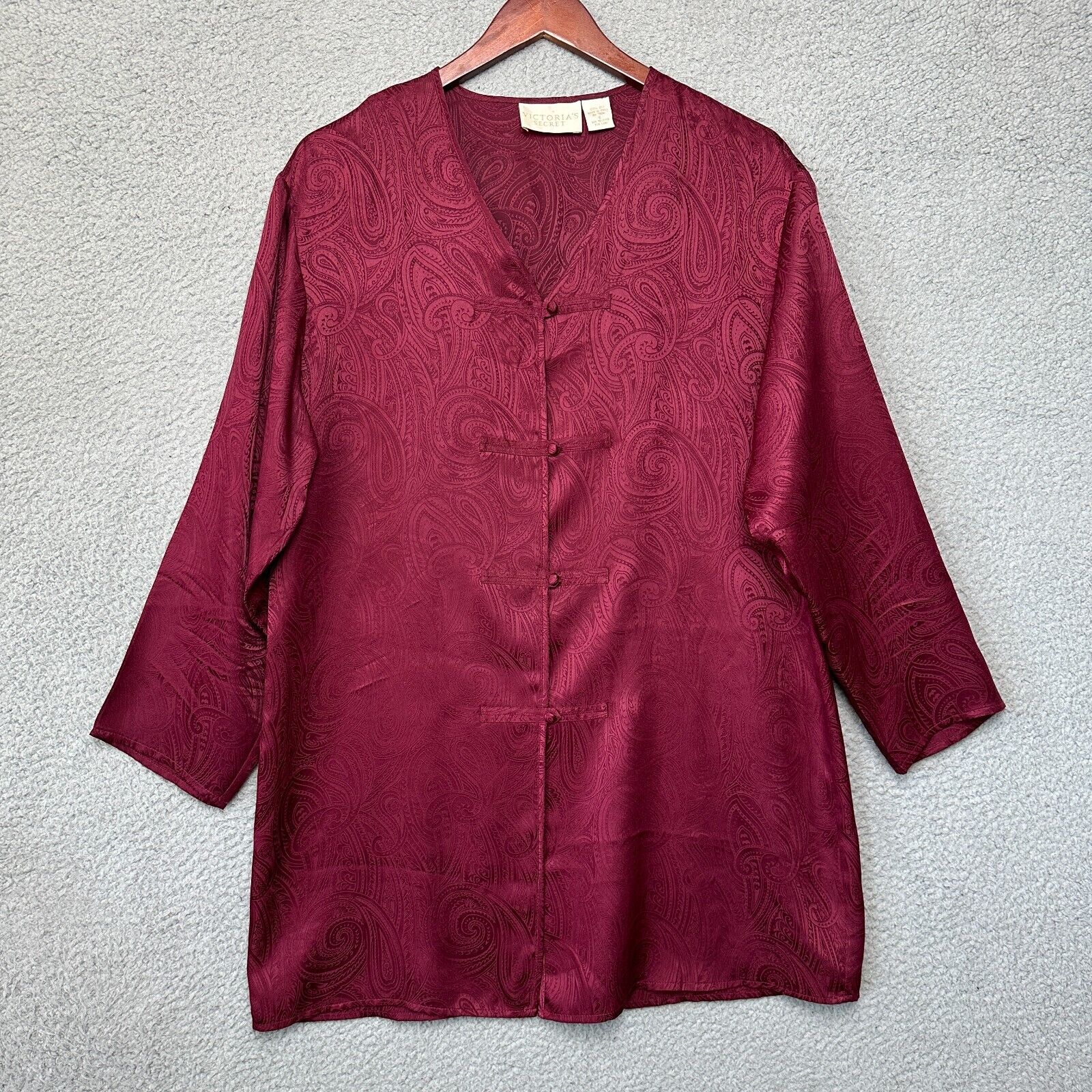 VTG Victoria Secret Kimono Small Silk Robe Maroon Paisley Nightgown Intimate Y2K