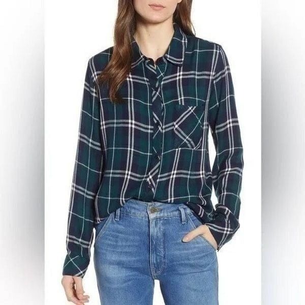 RAILS Hunter Button Down Plaid Shirt in Forest/Navy/White Womens XS