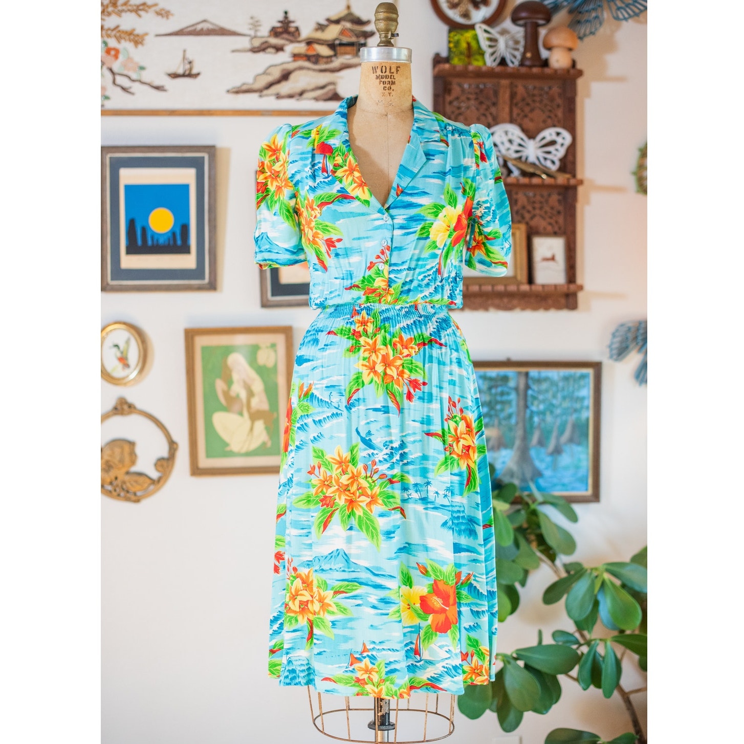 Vintage 80s Tropical Floral Midi Dress, Laine, Rayon Vacation Beach Hawaiian XS