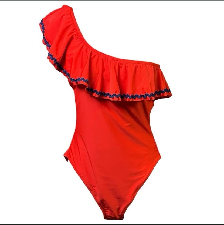 J. Crew Medium Red Blue One Shoulder Ruffle NEW Rickrack One Piece Swimsuit