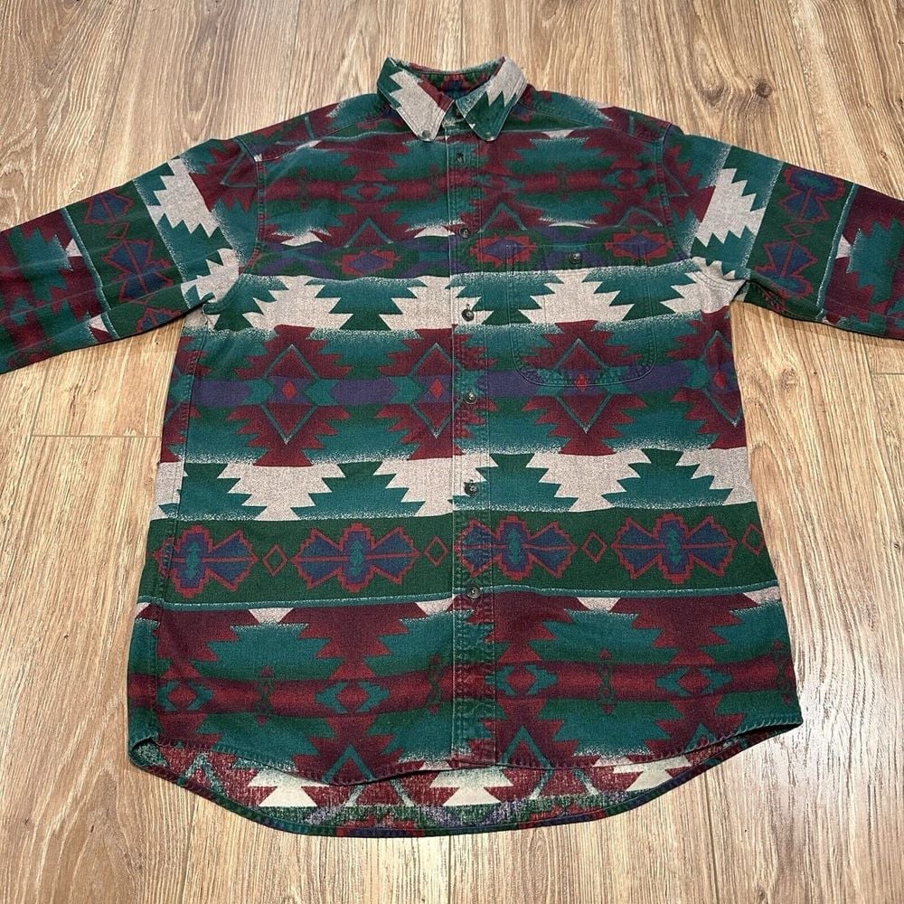 Vintage Cabelas Shirt Adult Medium Green Red Blue Aztec Heavy Flannel Ski Lodge