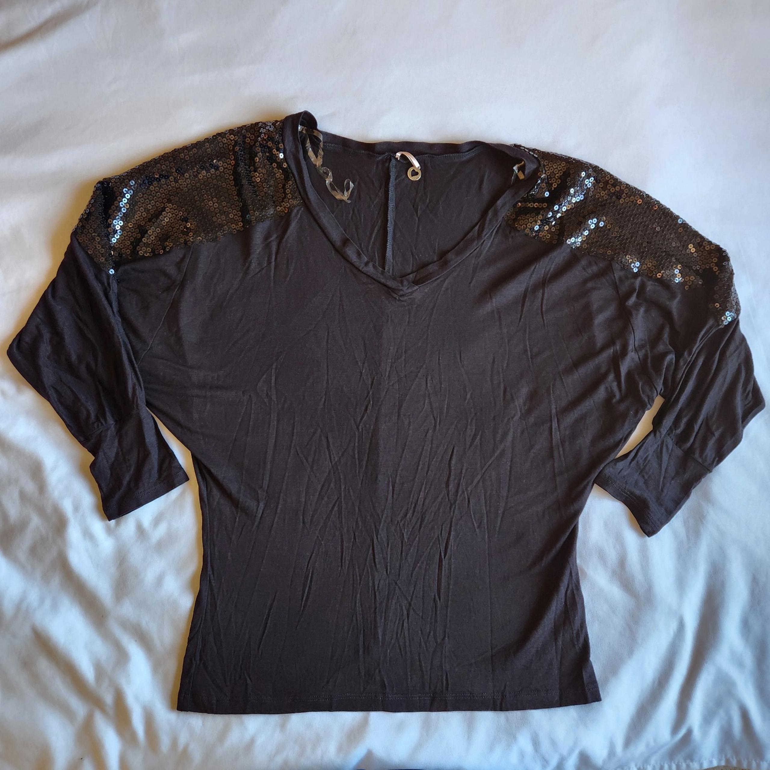 Robin K Women's Black MD 3/4 Sleeves Sequins Stretchy V-Neck Blouse Top USA Made