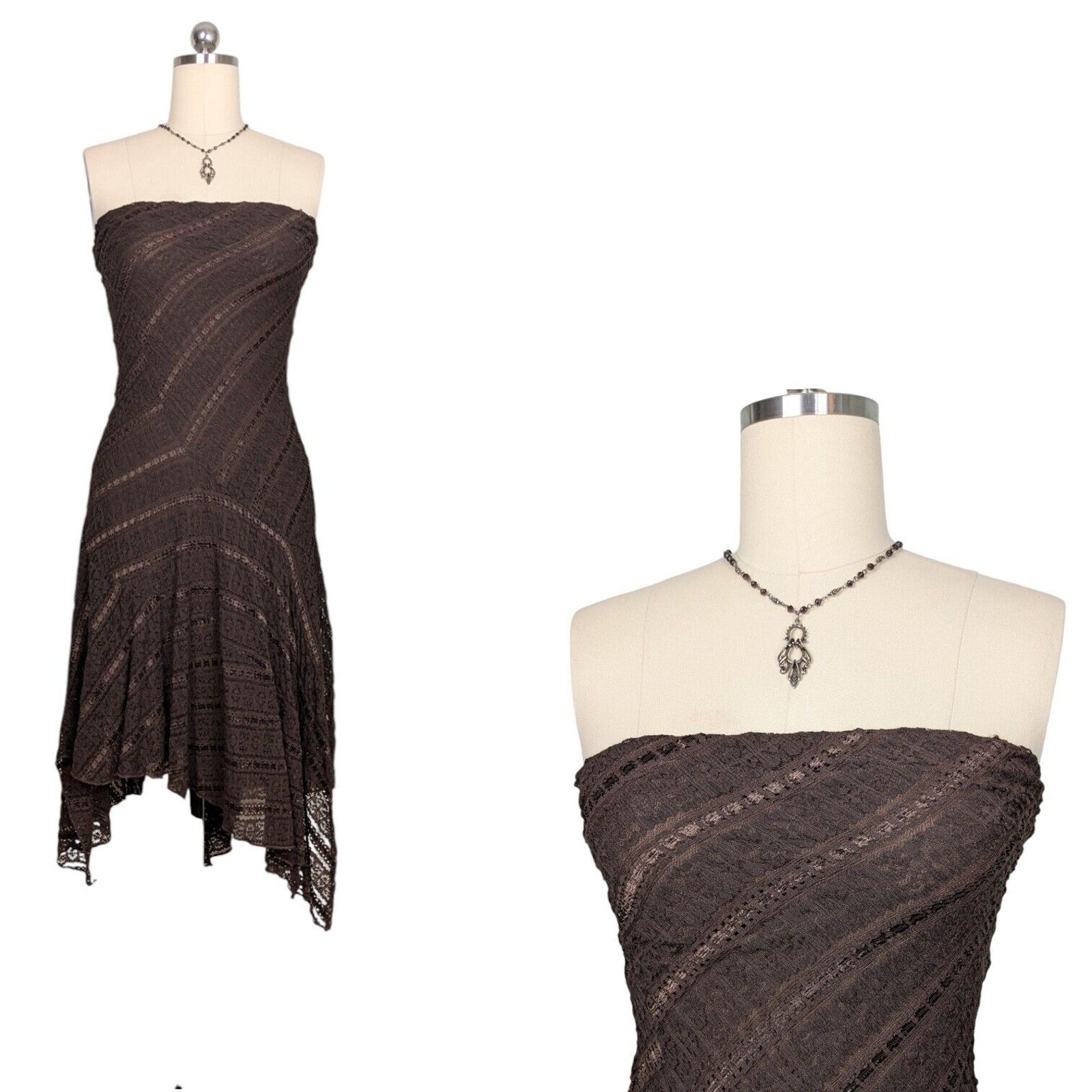 Vintage Cache Midi Dress Cocktail Gown Fairy Grunge Lace Y2K Brown Strapless L