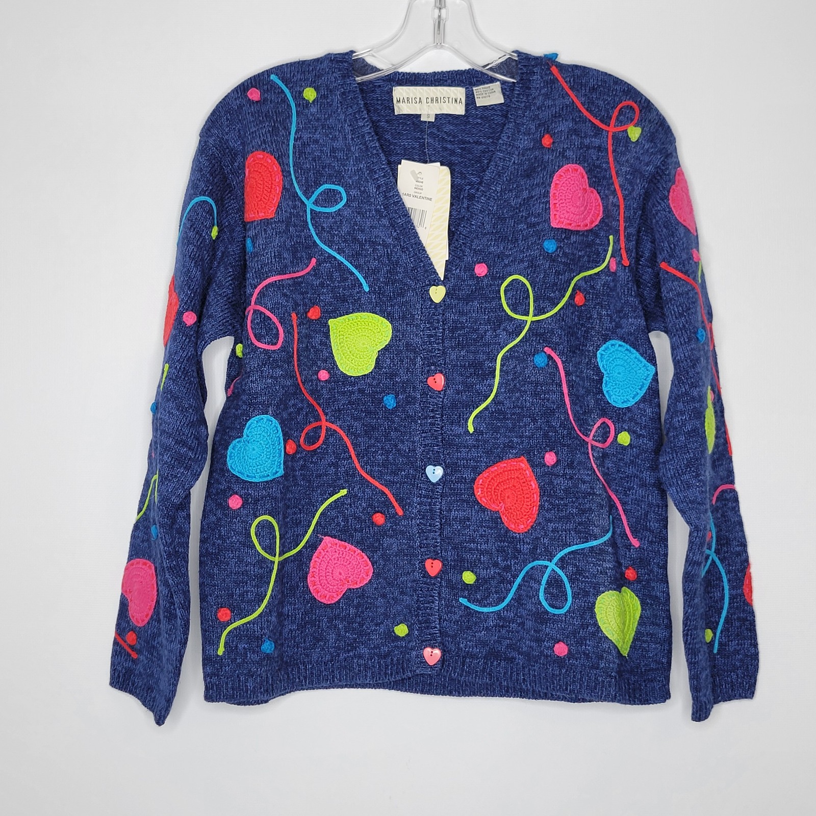 Vntg Marisa Christina Womens Small Blue Valentine Heart Knitted Cardigan Sweater