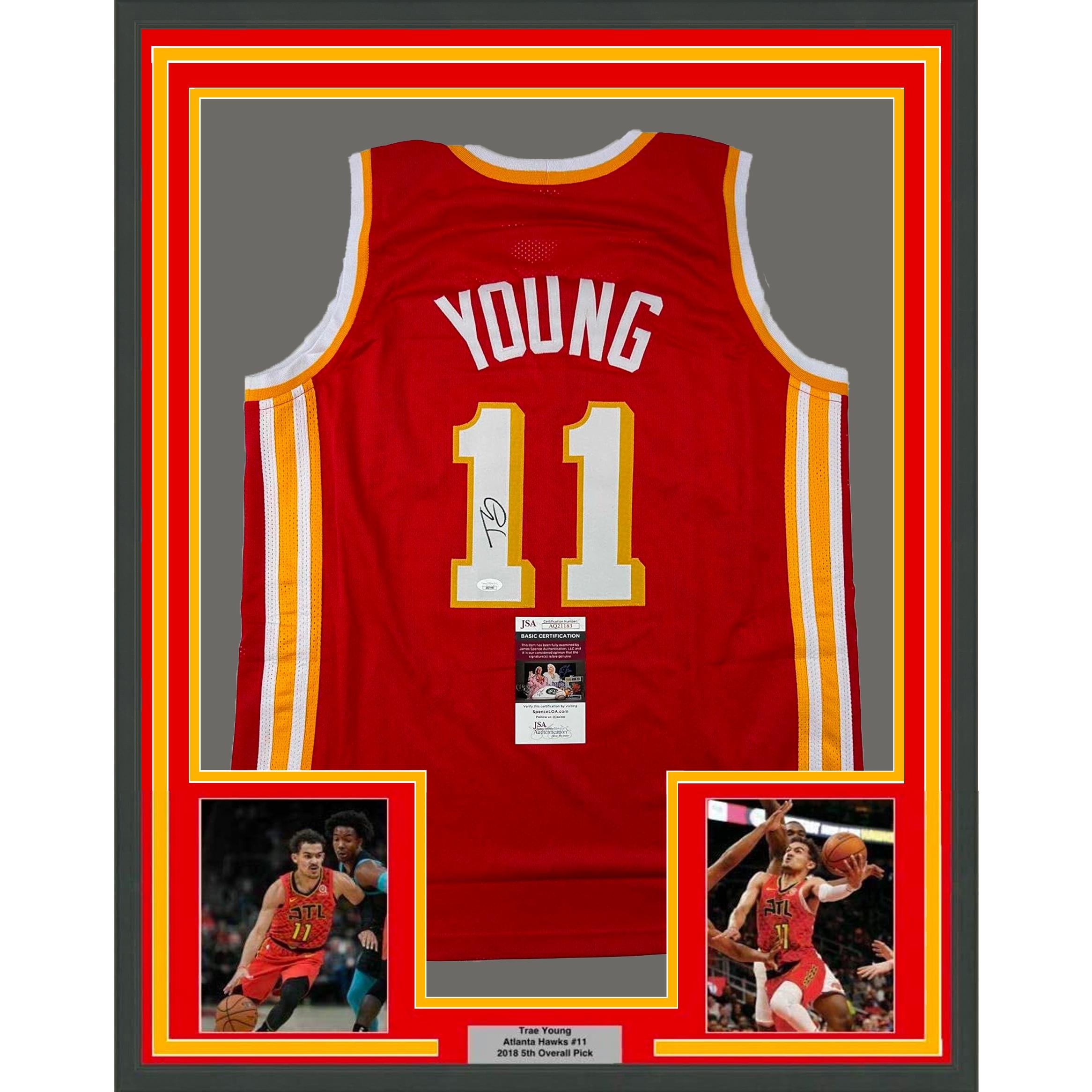 Framed Autographed/Signed Trae Young 35x39 Atlanta Red Jersey JSA COA