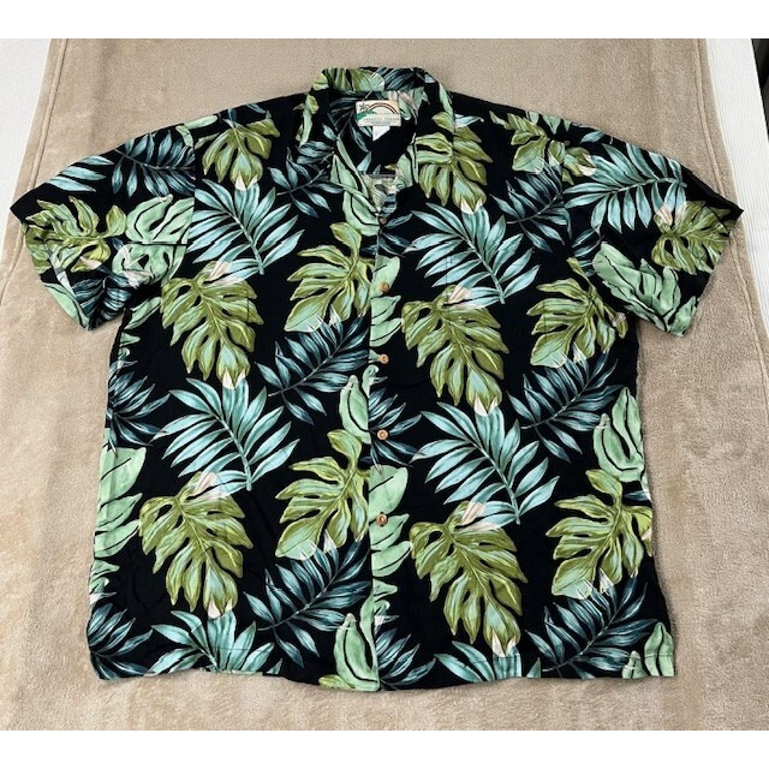 VINTAGE Paradise Found Shirt Men XL Black Floral Hawaiian Rayon Short Sleeve EUC