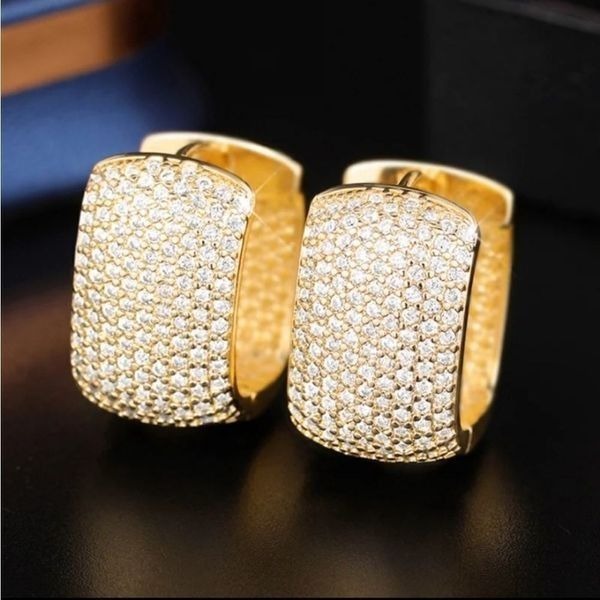 Gold Cluster Pave Diamond Oblong Mod Huggie Hoop Earrings