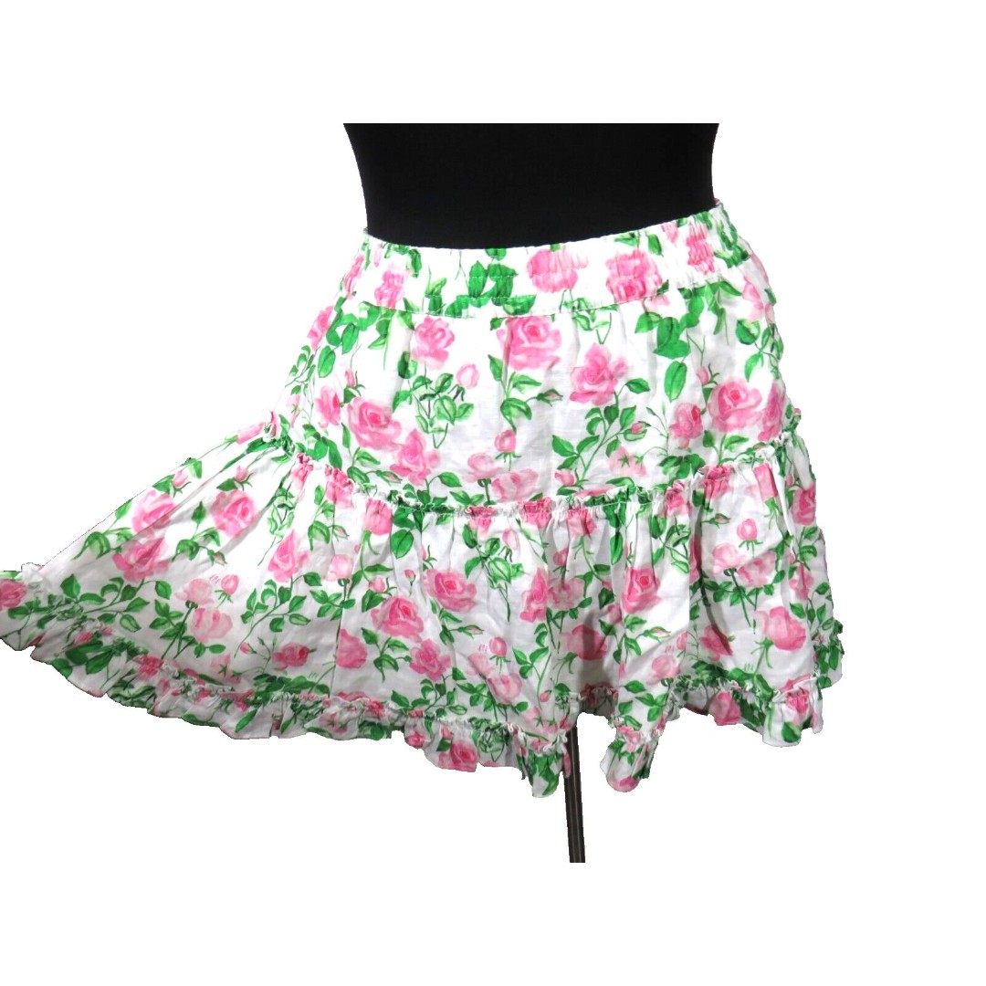 Hill House Women's Paz Skirt Linen White Pink Roses Ruffled Lined Size XL