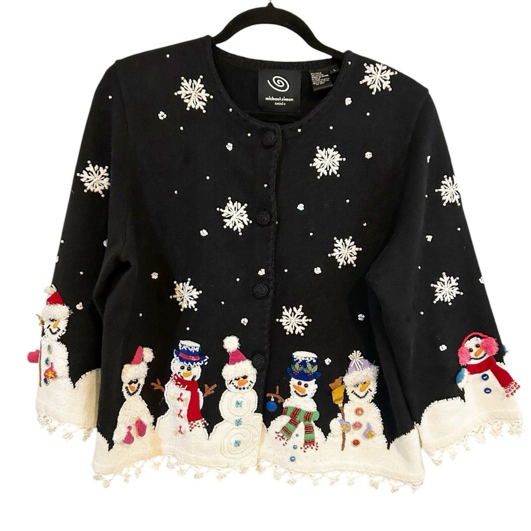 Michael Simon Sweater Cardigan Snowmen Snowflake Black Women's Size Large