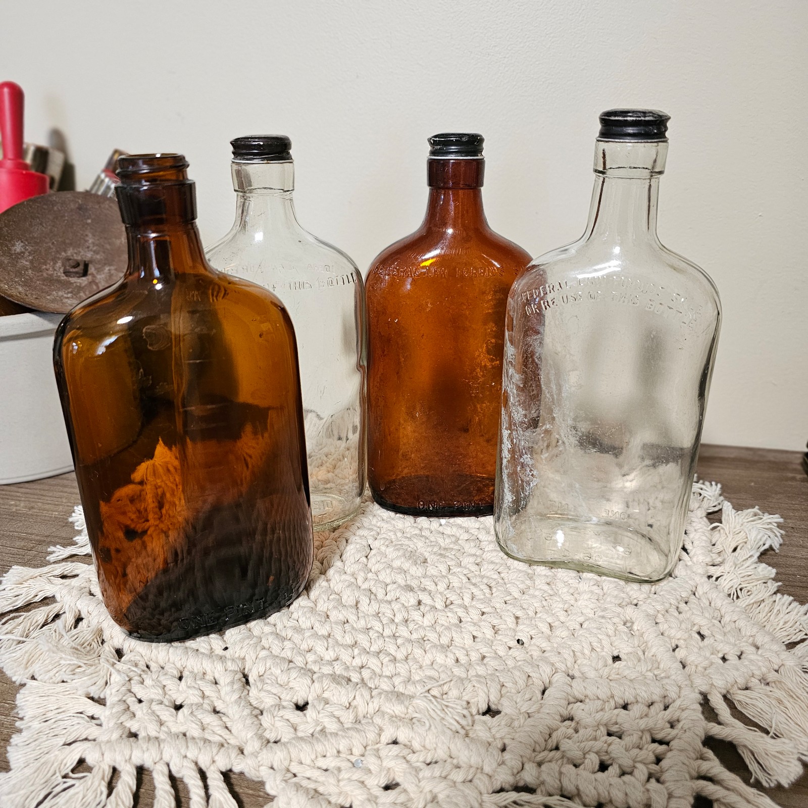SET OF 4- ONE PINT GLASS BROWN & CLEAR WHISKEY/WINE BOTTLES--3 W/CAPS