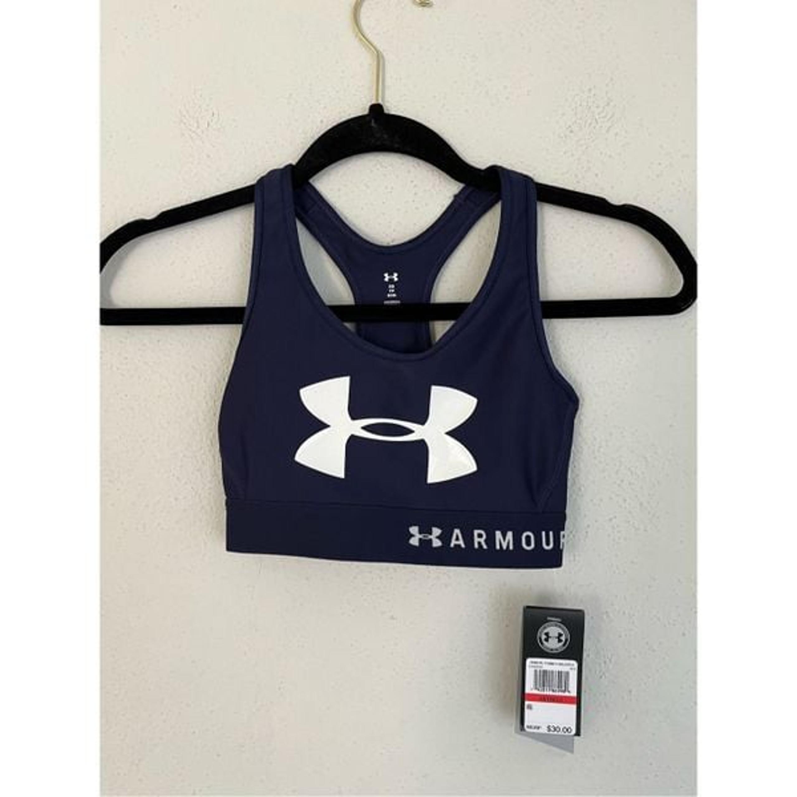 Under Armour Women's Armour Mid Keyhole Graphic Bra , Midnight Navy (410)/White