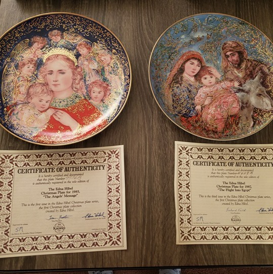 Edna Hibel Christmas Plates: Set of 2 Plates with Certificates of Authenticity