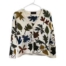 Tabask Women's Multicolor Leaf Pattern L/S Button Up Alpaca Blend Cardigan M