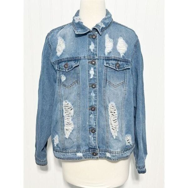 Highway Jeans Women's Distressed Collared Button Down Denim Jacket Blue Size 1X
