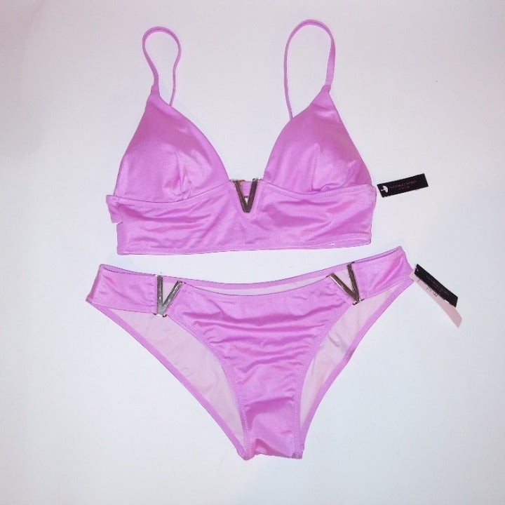 Victoria Secret Swim Bikini Top & Bottom Pinkish Purple Shimmer Gold V Design Ha