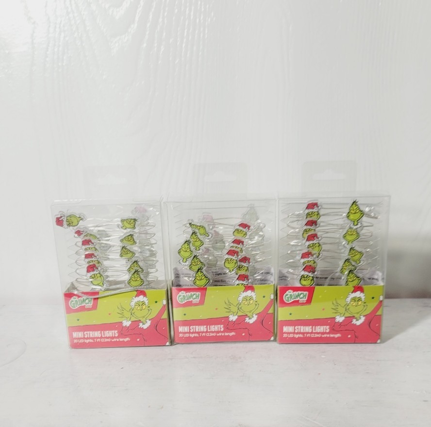 3X The Grinch Mini String Lights, 20 Led Lights 7ft Wire Length New In Box