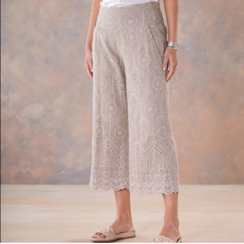 Sundance Cropped Pants Embroidered Eyelet Linen Blend Pull-On Taupe Size PS