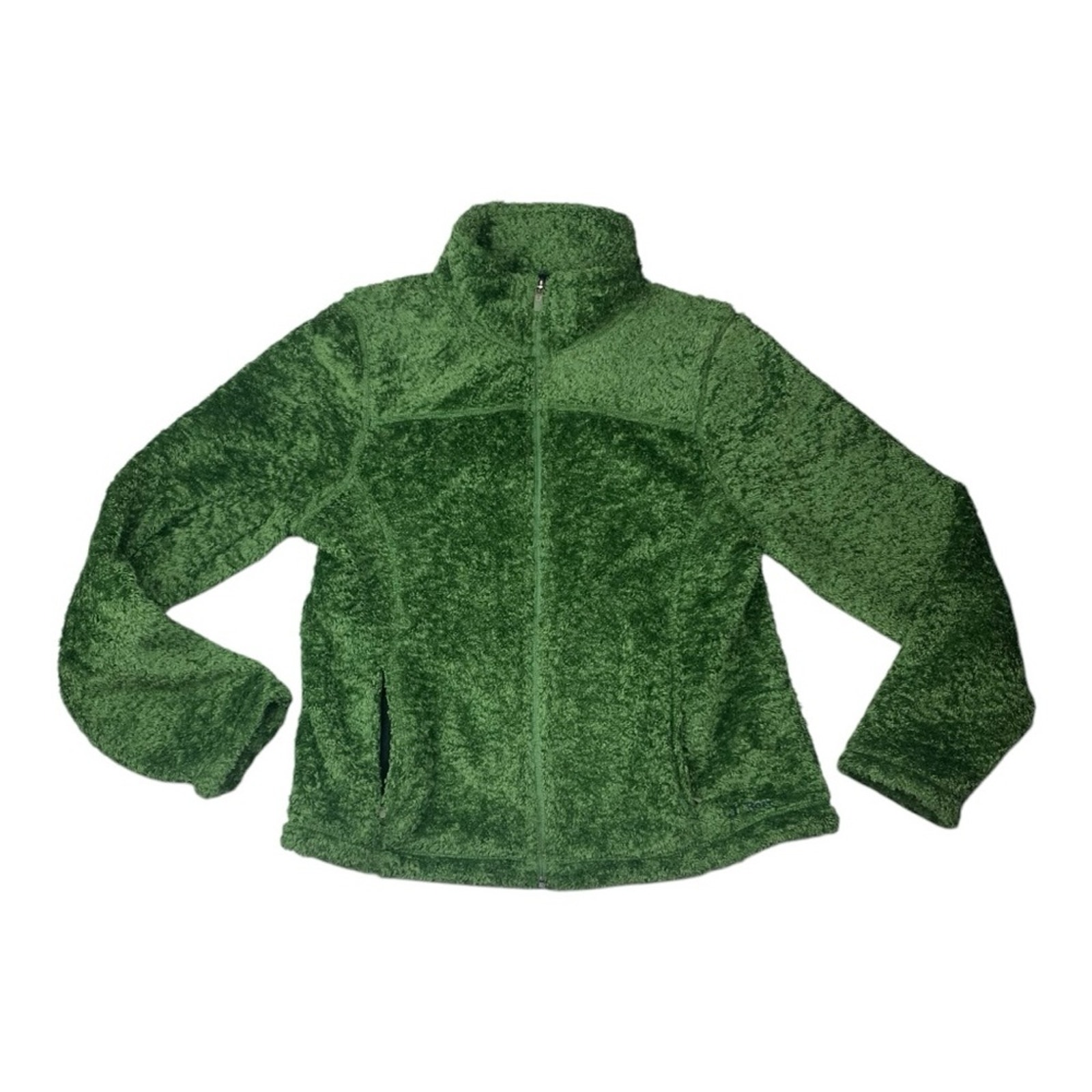 LL Bean women's large fuzzy zip up jacket green pata logo schaket sweater soft c