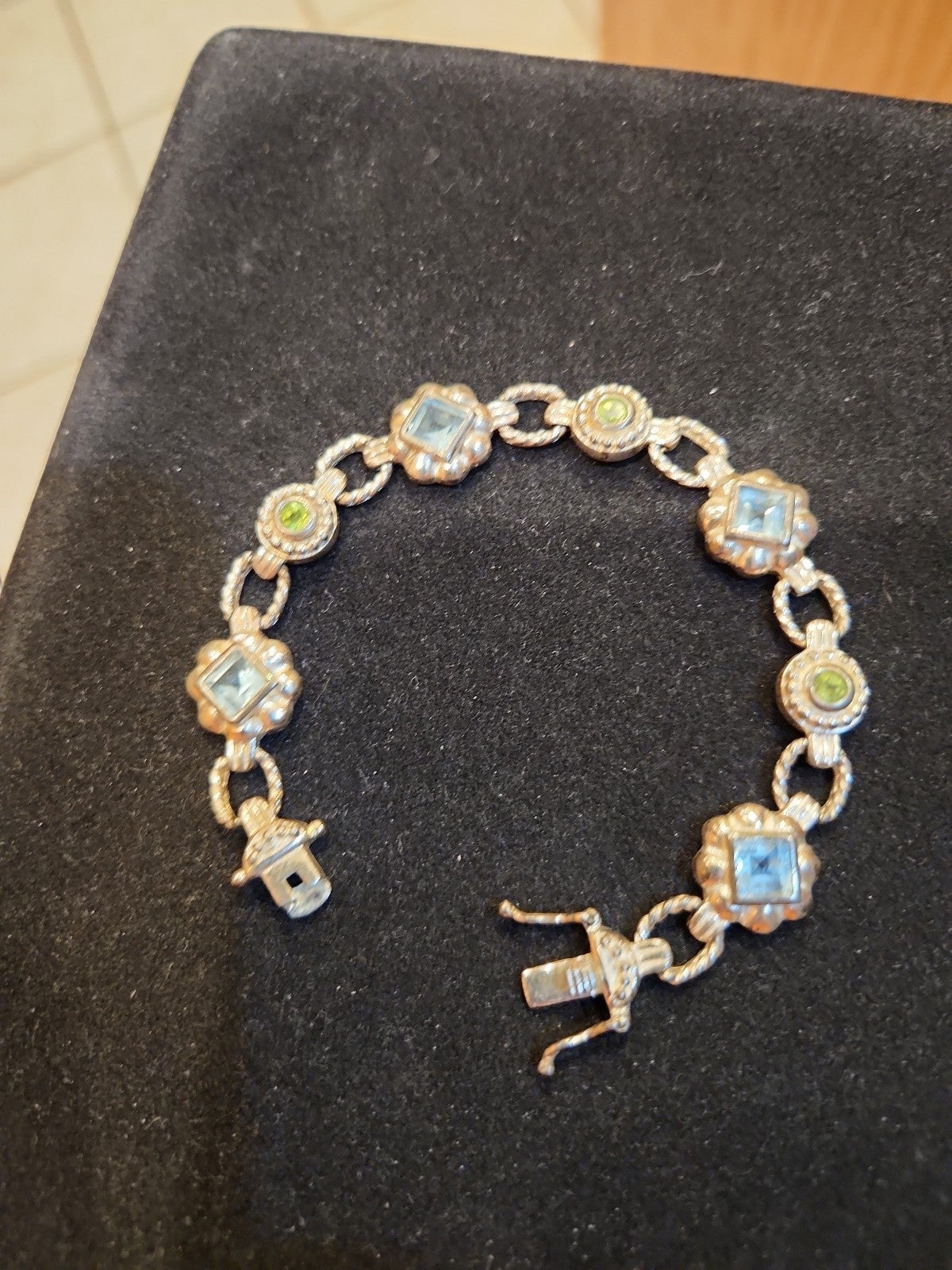 925 Sterling Silver FAS BLUE Saphire & green amethyst LINK BRACELET
