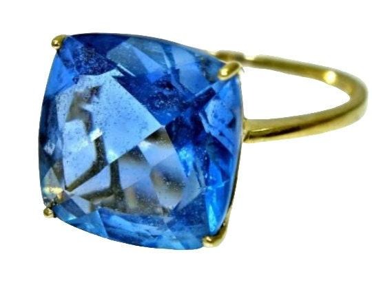 9.70Ct Natural Cushion Blue Topaz Solitaire Ring 14k Yellow Gold