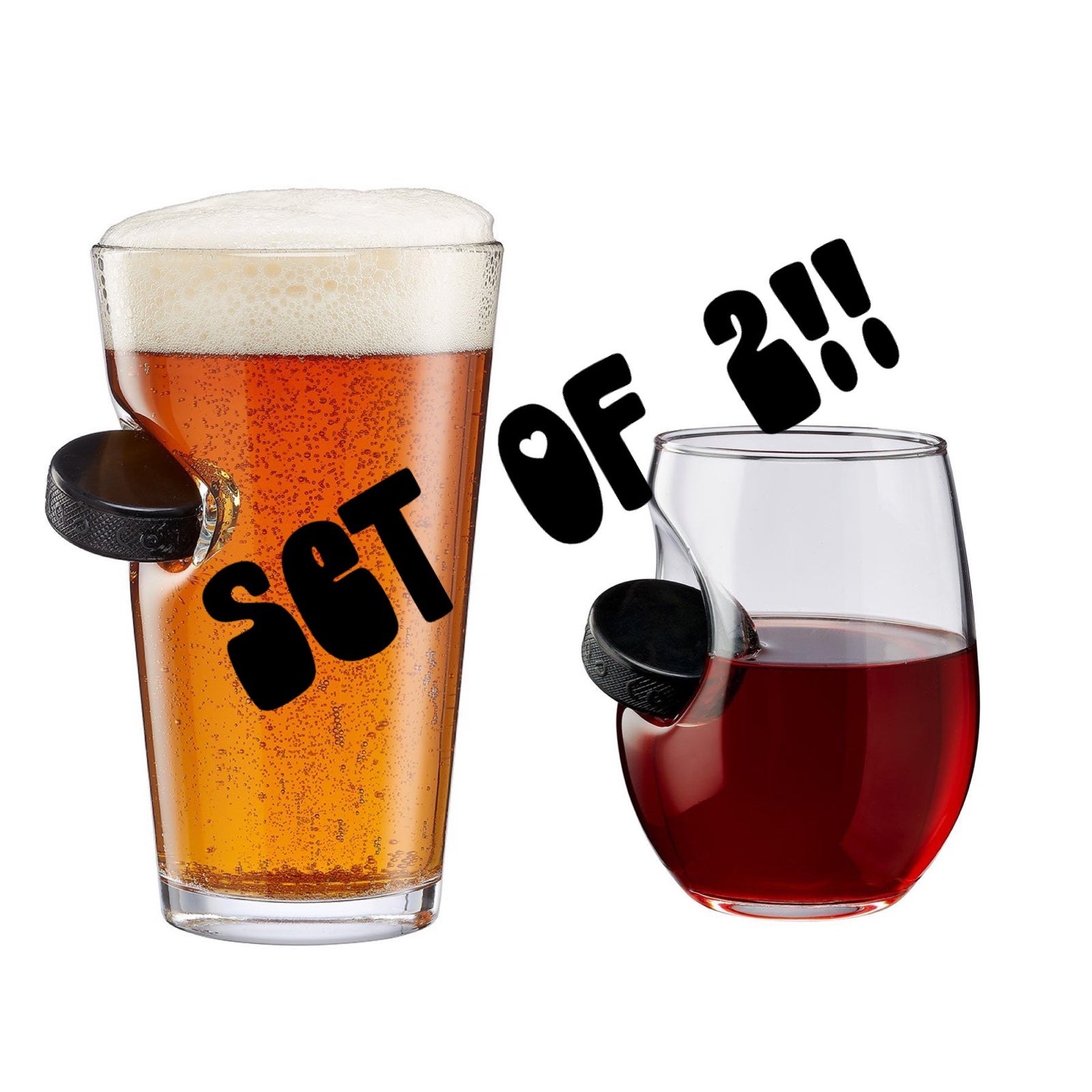 Set of 2 Hockey Puck BenShot Pint Beer and Wine Glass