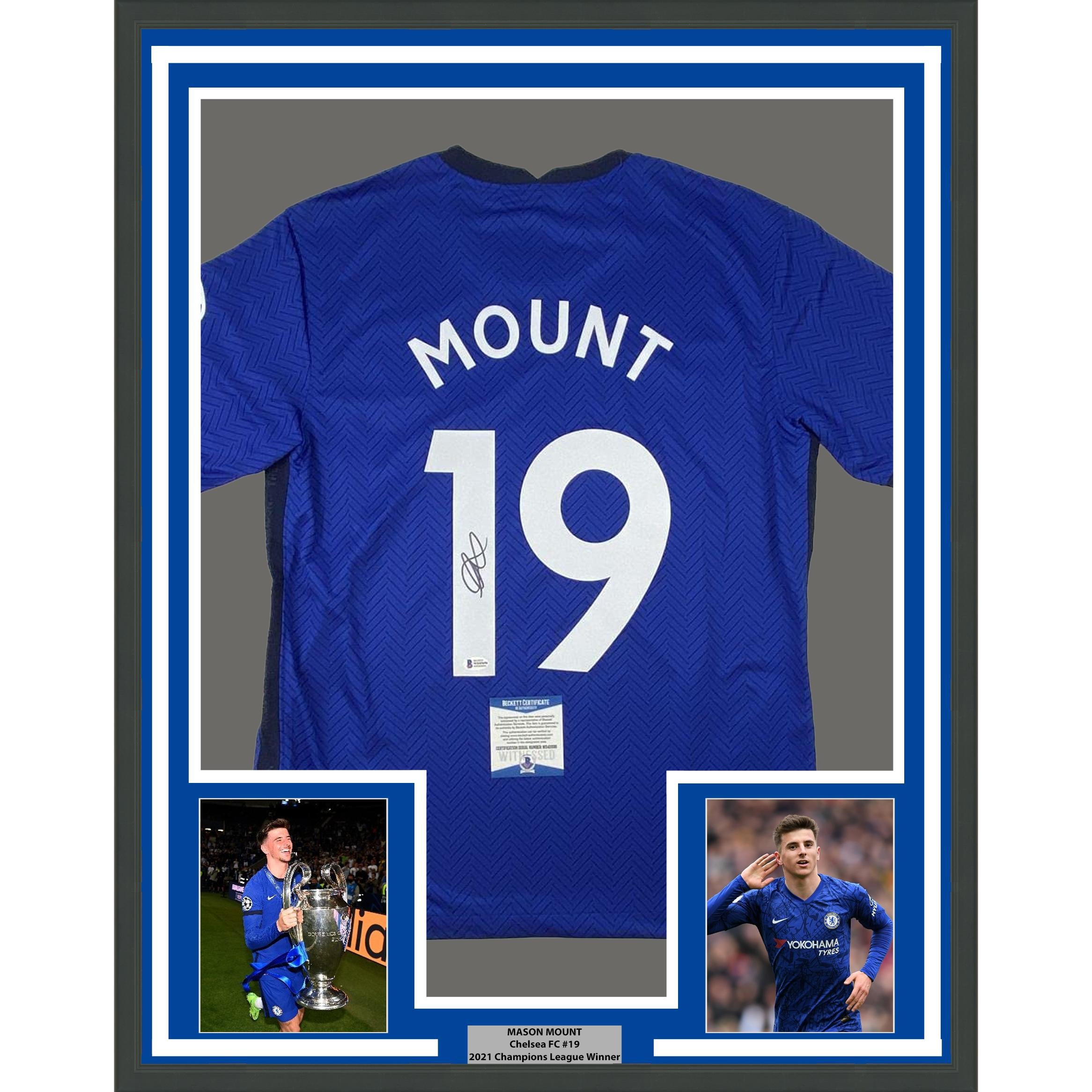 Framed Autographed/Signed Mason Mount 35x39 Chelsea FC Blue Soccer Futbol Jerse