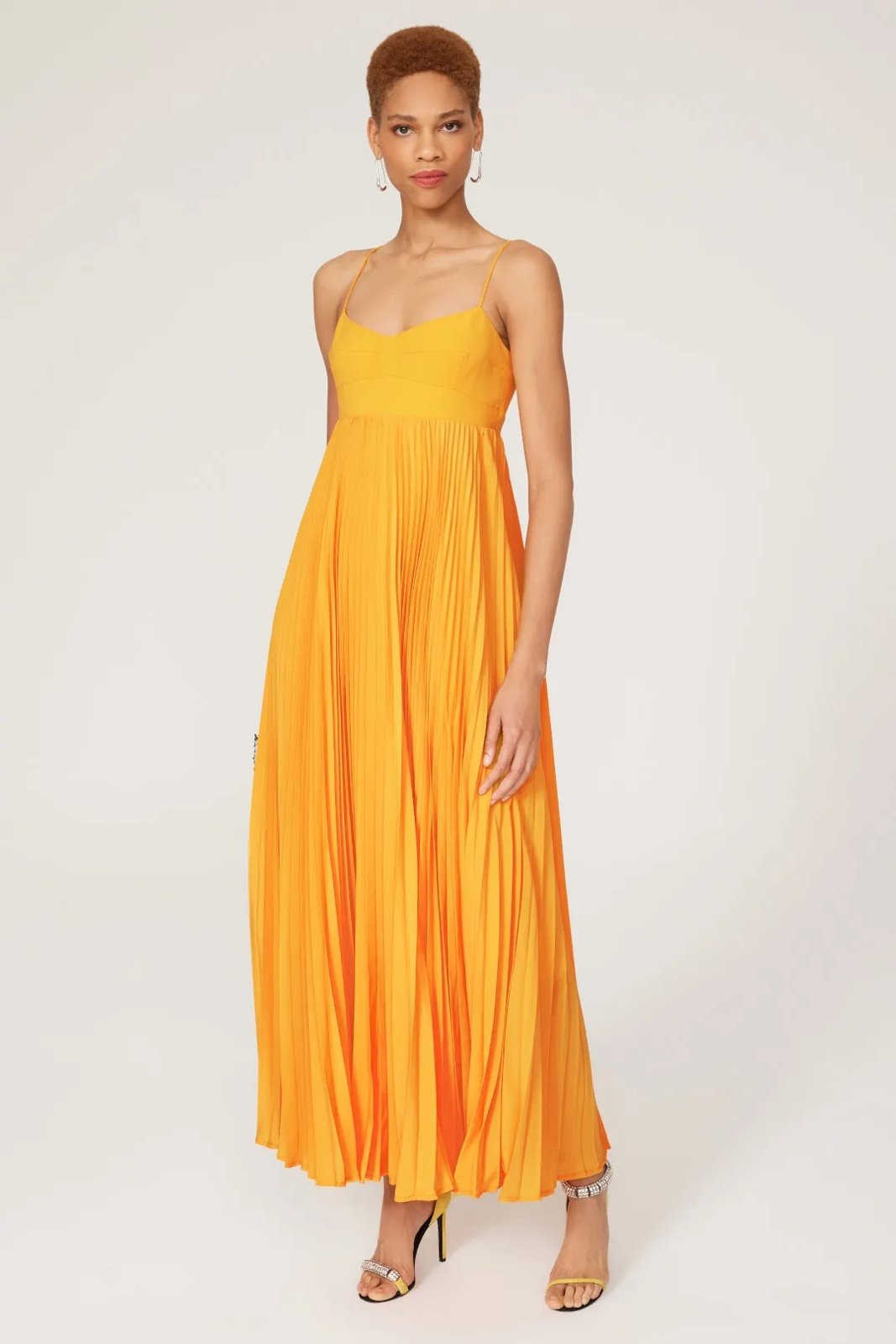 Obando Collective Honeycomb Orange Yellow Empire Waist Pleated Maxi Dress 10
