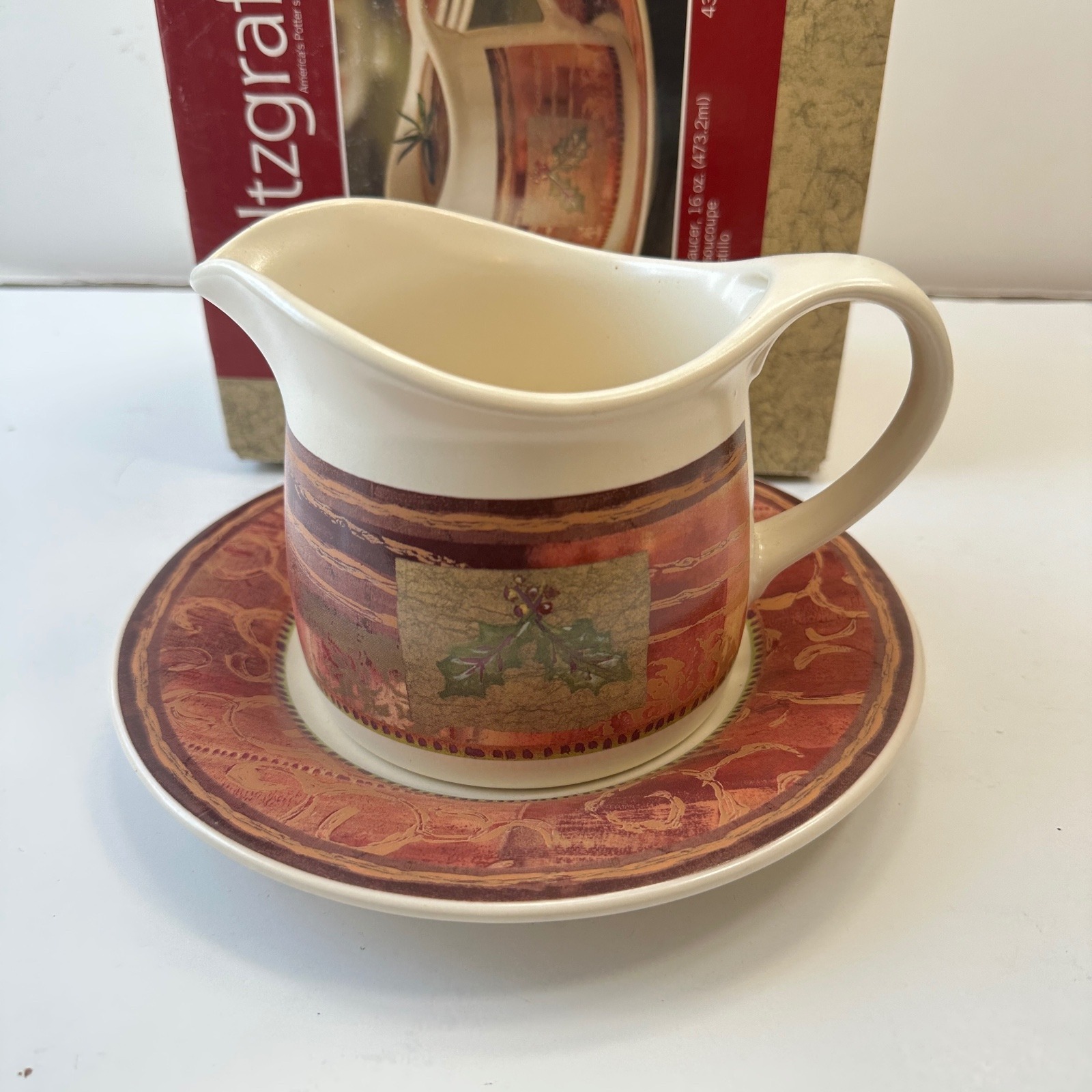 Pfalzgraff Holiday Spice Gravy Boat with Saucer 16 oz Christmas Decor