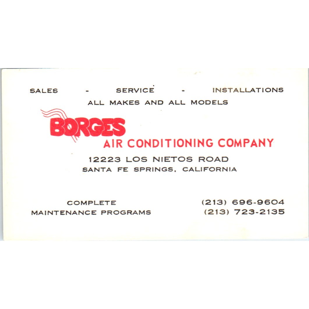 Borges Air Conditioning Santa Fe Springs CA Vintage Business Card SD4-B1
