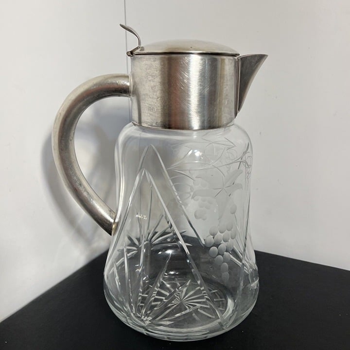 Vintage HKE Pitcher Cold Crystal Glass Closed Silver Plated Mount 10”