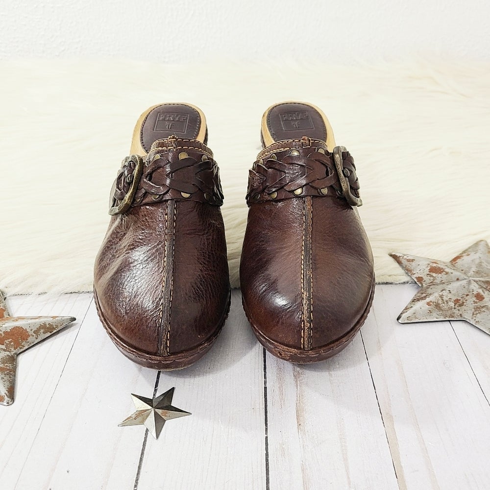 Frye Candice woven clogs dark brown leather mules size 9