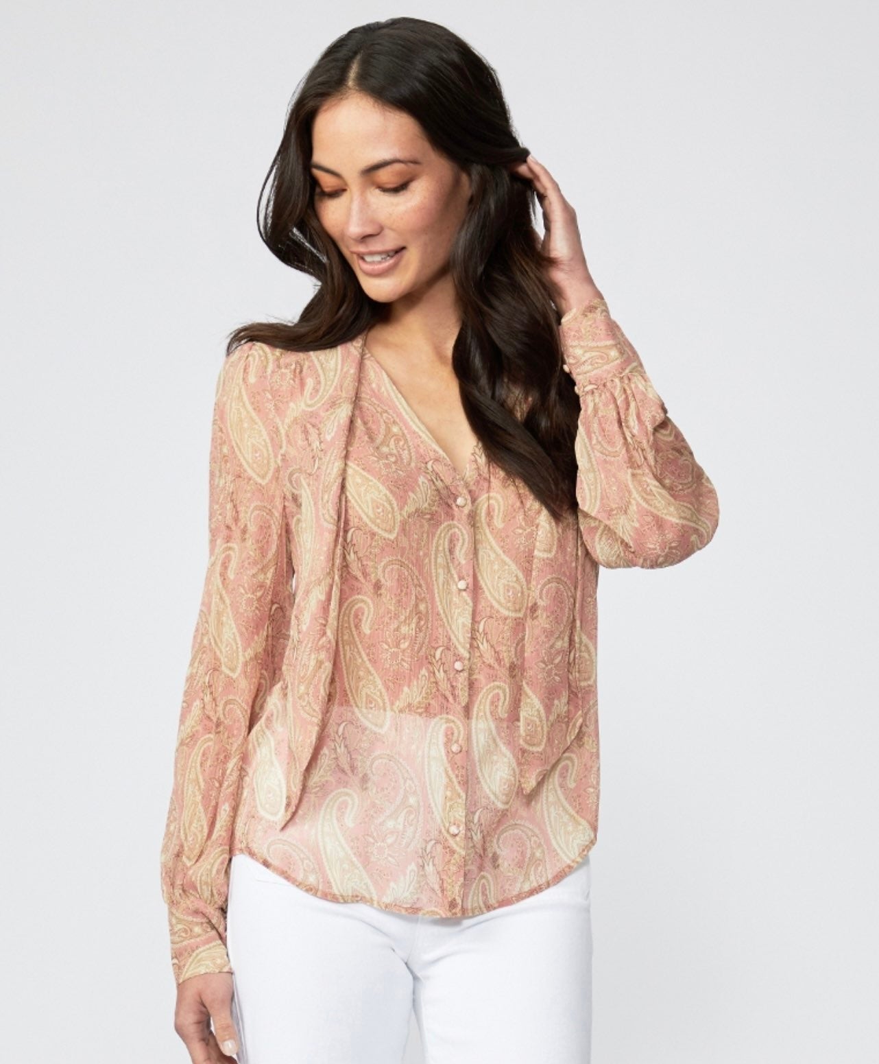 Paige Size Small Cleobelle 100% Silk Blouse - Lipstick Pink/Tan, New, 269