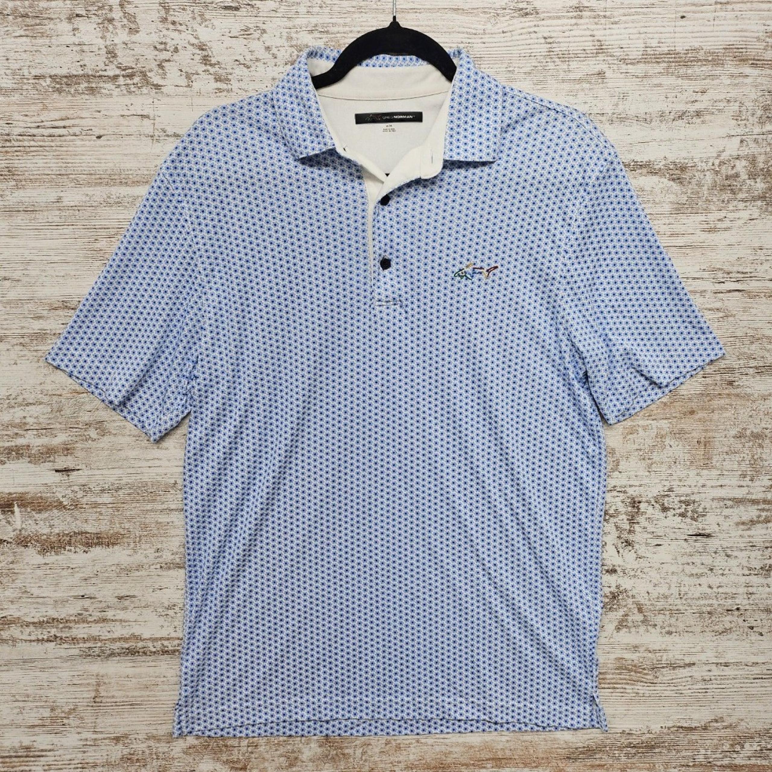 Greg Norman Polo Shirt Mens Medium Blue Golf Activewear Fishing Beach Shark