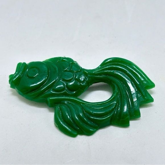 Vintage Bakelite Large Green Carved Koi Fish Brooch, Awesome Piece
