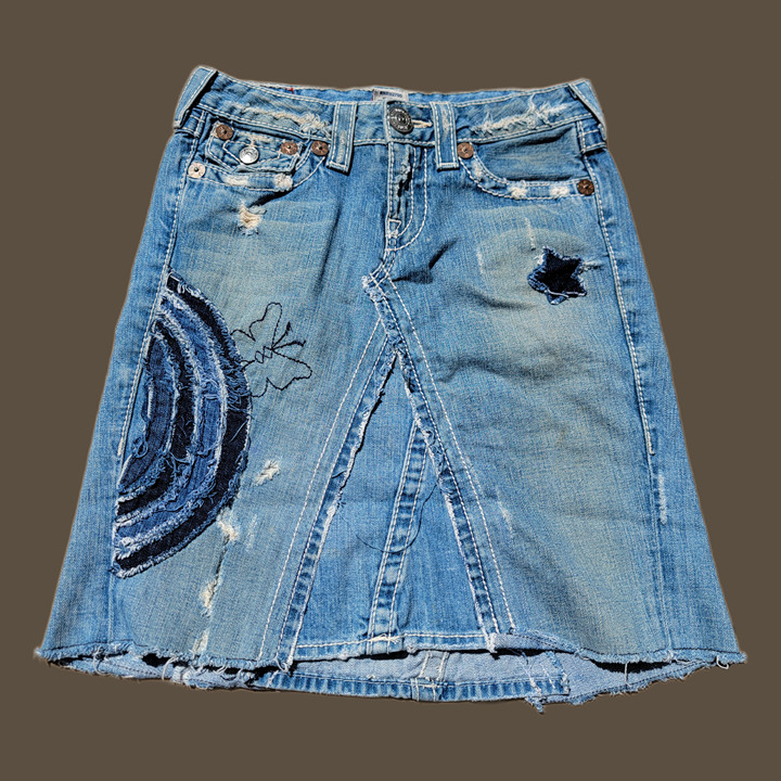 True Religion mid rise denim skirt with patchwork embroidery